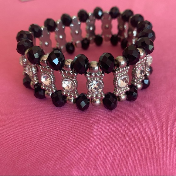 Black Silver Cuff Bracelet Beaded Stretchy Formal Wedding Guest Party Jewelry - Picture 7 of 7